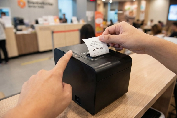 ขั้นตอนรับคิว ลูกค้ารับบัตรคิวจากอุปกรณ์หน้าร้าน