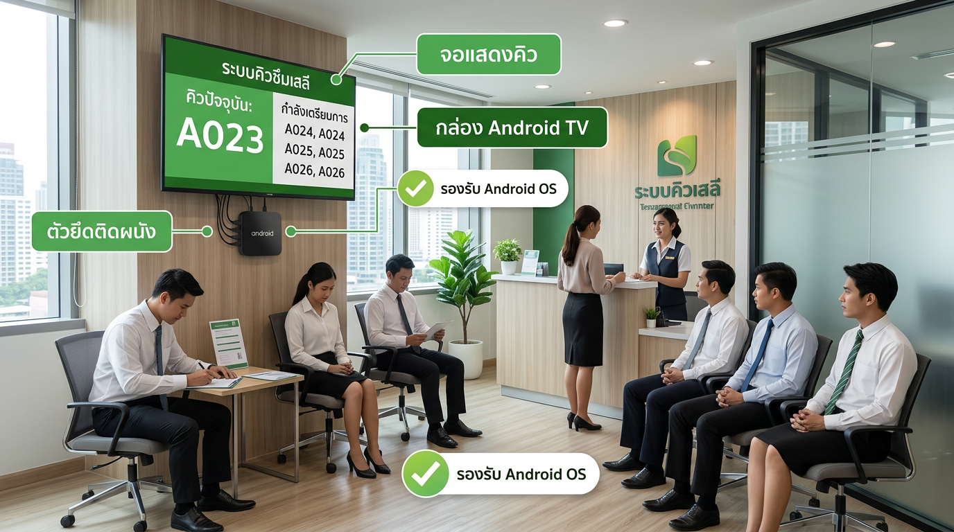 จอแสดงคิว Android TV Box ติดผนังในห้องรอสำนักงาน