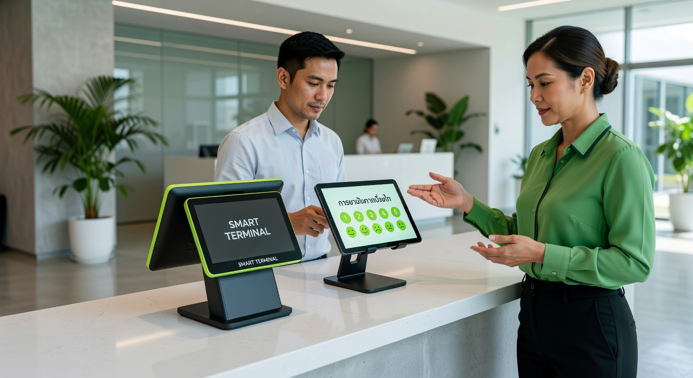 เครื่องประเมินความพึงพอใจ Smart Terminal และ Tablet วางที่เคาน์เตอร์บริการ