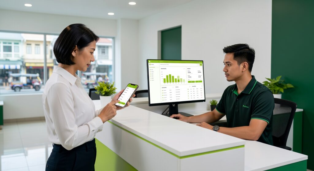 โปรแกรมระบบคิวออนไลน์ ลูกค้าจองคิวผ่านมือถือ เจ้าหน้าที่ดูแดชบอร์ดที่เคาน์เตอร์