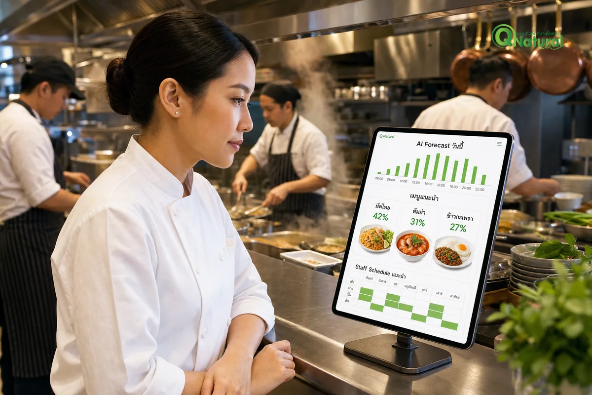 ผู้จัดการร้านอาหารใช้แท็บเล็ตดู AI dashboard แสดง forecast ยอดขาย เมนูยอดนิยม และ staff schedule