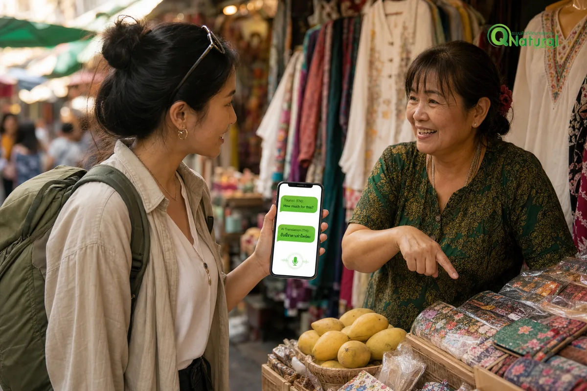 นักท่องเที่ยวต่างชาติใช้แอป AI แปลภาษาบนสมาร์ทโฟนพูดคุยกับแม่ค้าตลาดไทย