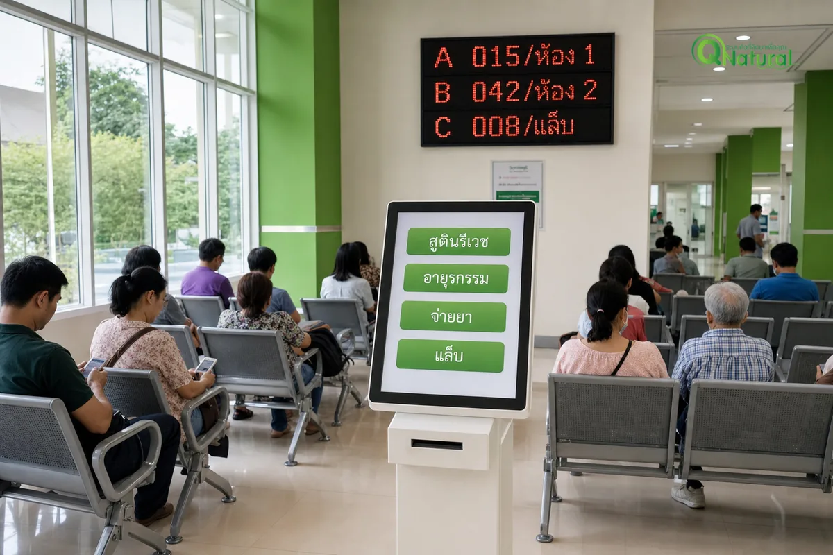 ภาพรวมระบบคิวอัตโนมัติในโรงพยาบาลจังหวัด ตู้กดบัตรคิว LED queue board และผู้ป่วยนั่งรอ