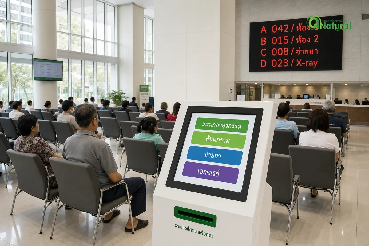 ภาพรวมระบบคิวอัตโนมัติในโรงพยาบาลขนาดใหญ่ ตู้กดบัตรคิว LED queue board และผู้รับบริการนั่งรอ