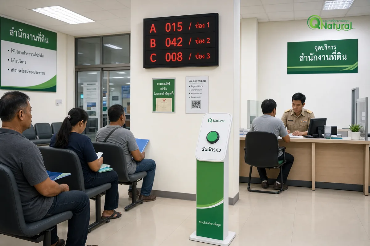 ภาพรวมระบบคิวที่ติดตั้งในสำนักงานที่ดิน ตู้กดบัตรคิวปุ่มเดียว LED queue board และเคาน์เตอร์ One Stop Service