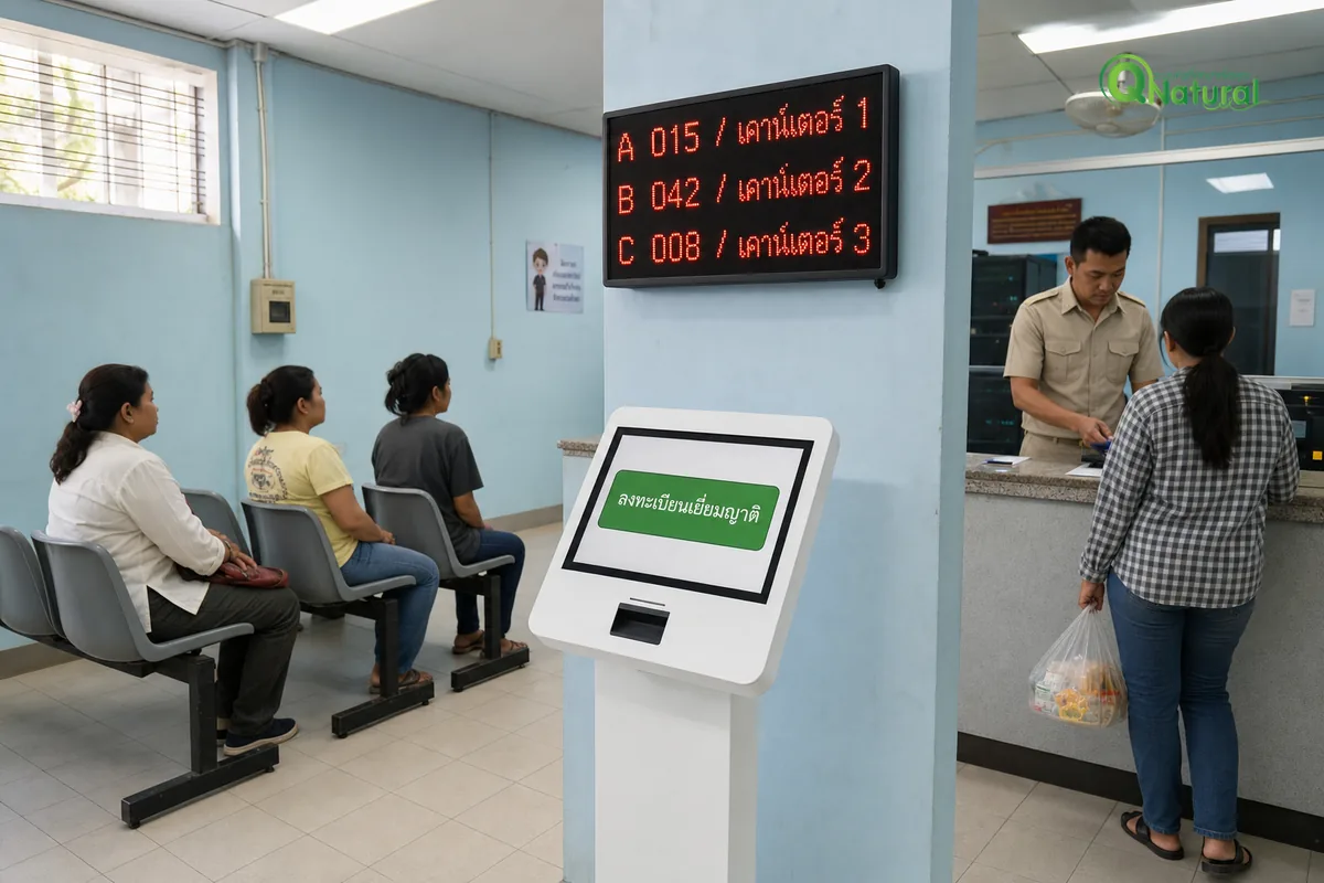 ภาพรวมระบบคิวสำหรับห้องเยี่ยมเรือนจำ ตู้กดบัตรคิว LED แสดงคิว เคาน์เตอร์ลงทะเบียน
