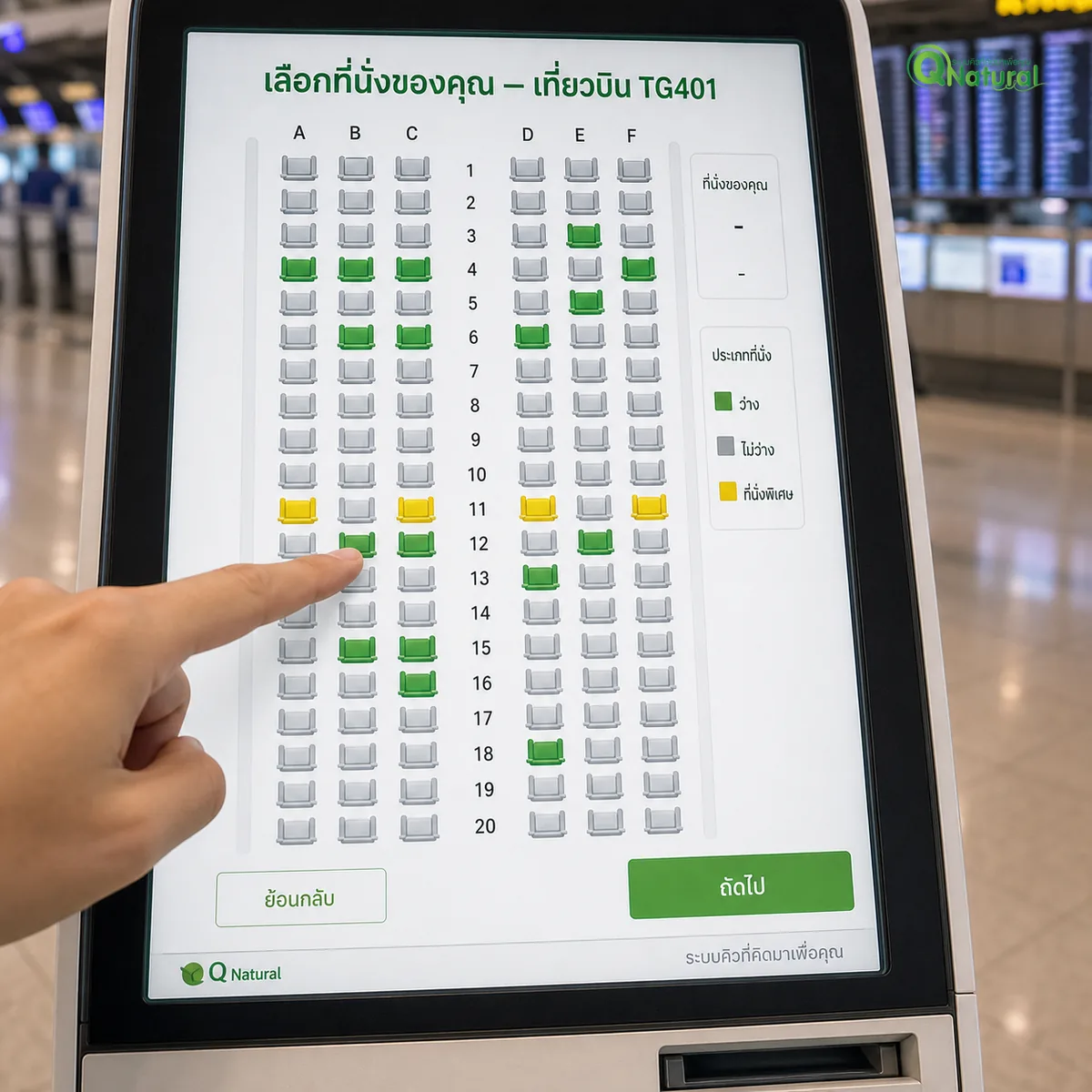 หน้าจอตู้เช็คอินสนามบินแสดงแผนผังที่นั่งเครื่องบิน 20 แถว 6 ที่นั่ง A-F สีเขียวว่าง สีเทาไม่ว่าง สีเหลืองที่นั่งพิเศษ ผู้โดยสารชี้นิ้วเลือกที่นั่ง