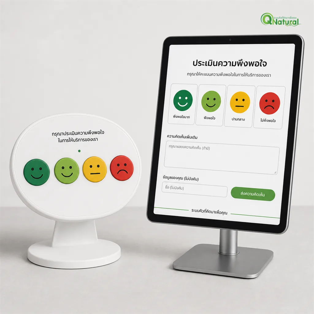 เปรียบเทียบเครื่องประเมินความพึงพอใจ Smart Button ปุ่มกายภาพ vs Tablet Feedback แบบจอสัมผัส วางคู่กันบนพื้นผิวสตูดิโอ