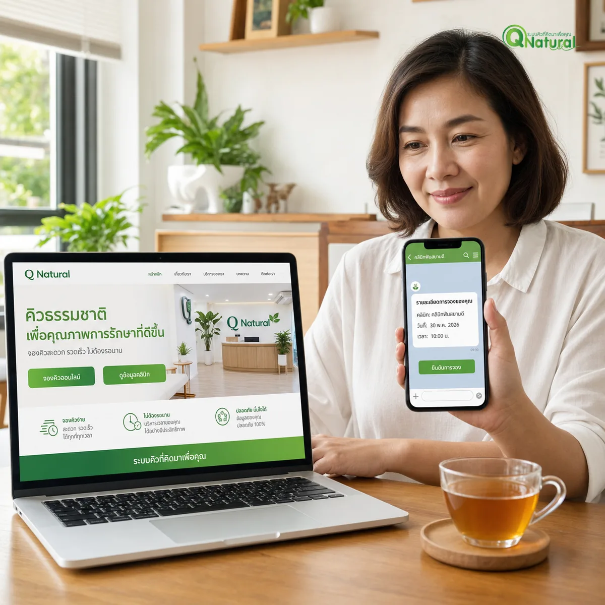 ผู้หญิงไทยใช้แล็ปท็อปดูหน้าเว็บคลินิกและสมาร์ทโฟนแสดง LINE confirmation รายละเอียดการจองคิวพร้อมปุ่มยืนยัน