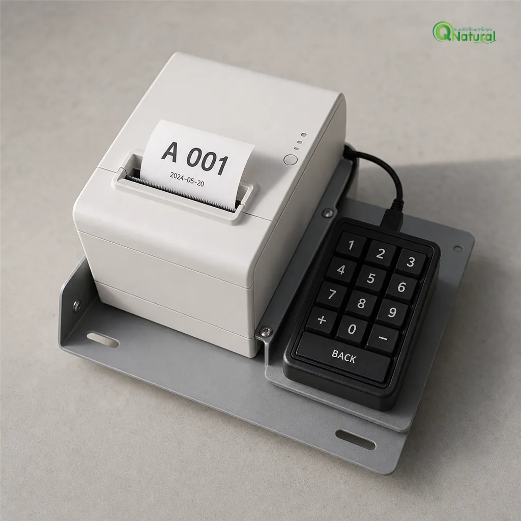 ชุดฮาร์ดแวร์ DIY Q-PRINTER ประกอบด้วย Thermal Printer 80mm พิมพ์บัตรคิว A001 ต่อกับ Numeric Keypad บนแผ่นโลหะ