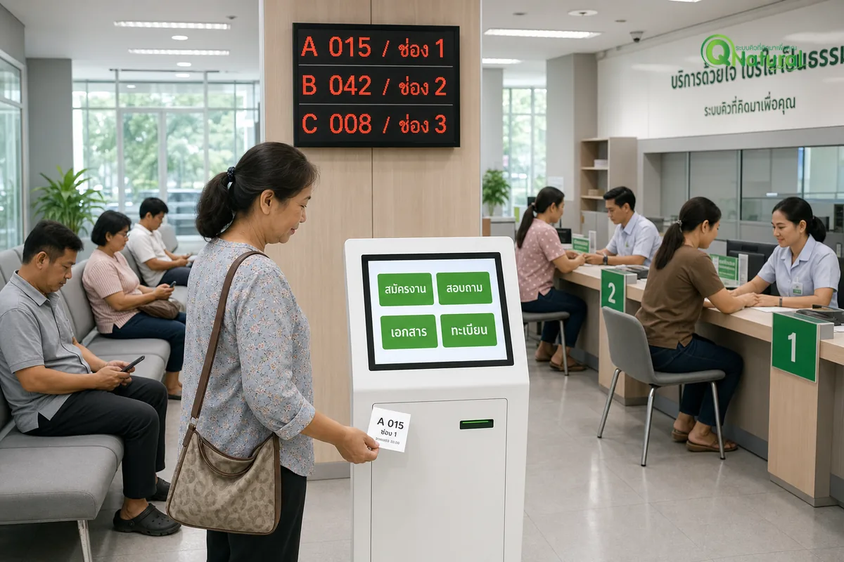 ระบบคิวอัตโนมัติในสำนักงานราชการ ผู้รับบริการกดบัตรคิวที่ตู้คีออส LED board แสดงเลขคิว A015 B042 C008 พร้อมเคาน์เตอร์บริการ 3 ช่อง