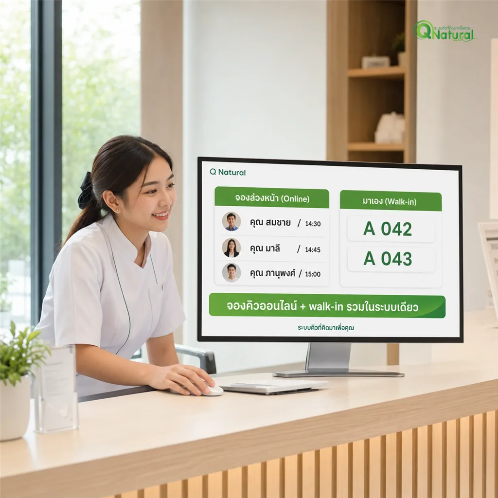 อุปกรณ์ระบบคิวอัตโนมัติ 4 ชิ้น — ตู้กดบัตรคิว, จอเรียกคิวพนักงาน, ป้าย LED แสดงคิวรวม, ปุ่มเรียกคิวไร้สาย — เรียงในสตูดิโอ