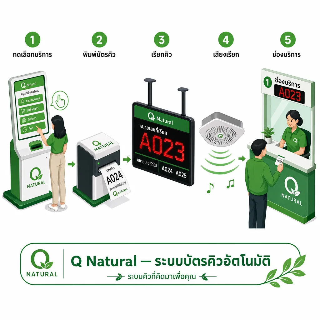 อินโฟกราฟิก 5 ขั้นตอนการทำงานของระบบบัตรคิวอัตโนมัติ Q Natural — กดบัตร พิมพ์บัตร เรียกคิว แสดงผล เสียงเรียก