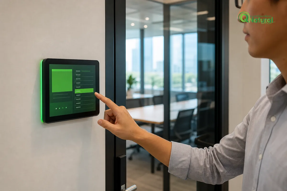 จอ touchscreen แสดงสถานะห้องประชุมติดตั้งข้างประตูห้องประชุมในออฟฟิศทันสมัย แสดงสถานะห้องว่างเป็นสีเขียว