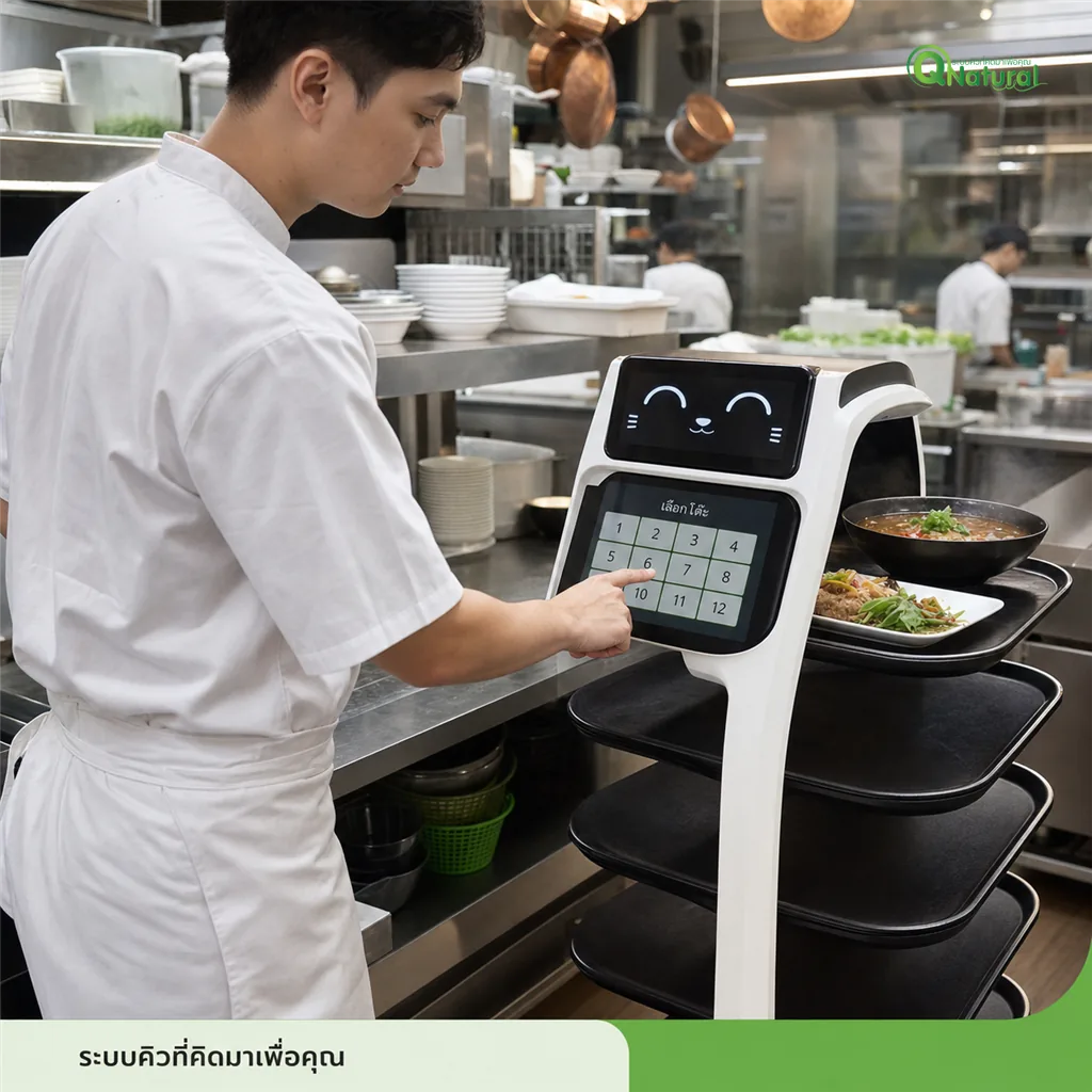 พนักงานครัวร้านอาหารวางถาดอาหารบนชั้นบนสุดของหุ่นยนต์เสิร์ฟอาหาร แตะหน้าจอหุ่นเลือกหมายเลขโต๊ะ 6 จากกริด 12 ตัวเลข