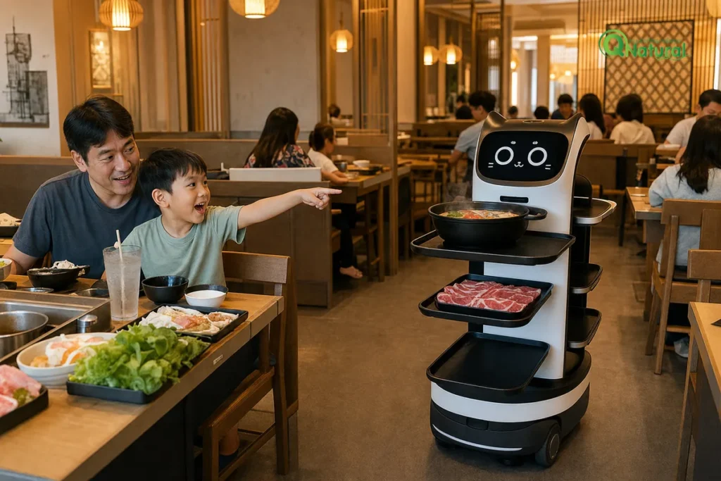 หุ่นยนต์เสิร์ฟอาหาร 4 ล้อในร้าน shabu ไทย ใบหน้าแมวบนจอ ขนถาดอาหารและซุปร้อนผ่านระหว่างโต๊ะ เด็กชายไทยชี้นิ้วทักทาย พ่อแม่ยิ้ม