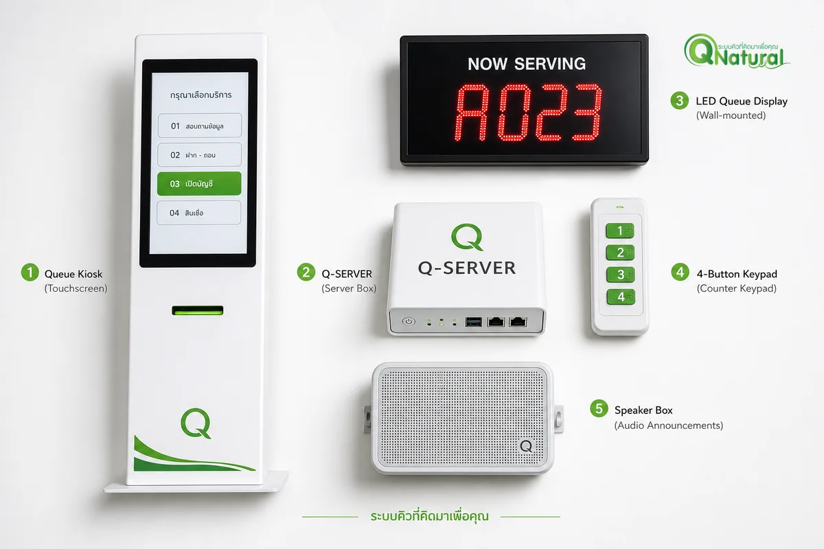 ภาพรวมระบบบัตรคิวอัตโนมัติ 5 ส่วนประกอบหลัก ตู้กดบัตร controller จอ LED ปุ่ม Keypad ลำโพง
