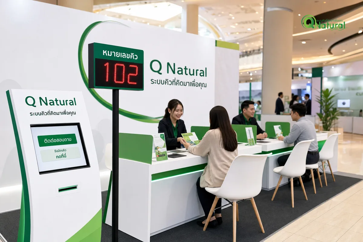บูทบริการการลงทุนในงานอีเวนต์ ตู้กดบัตรคิวและจอแสดงหมายเลขคิว เคาน์เตอร์ให้บริการลูกค้าหลายจุด