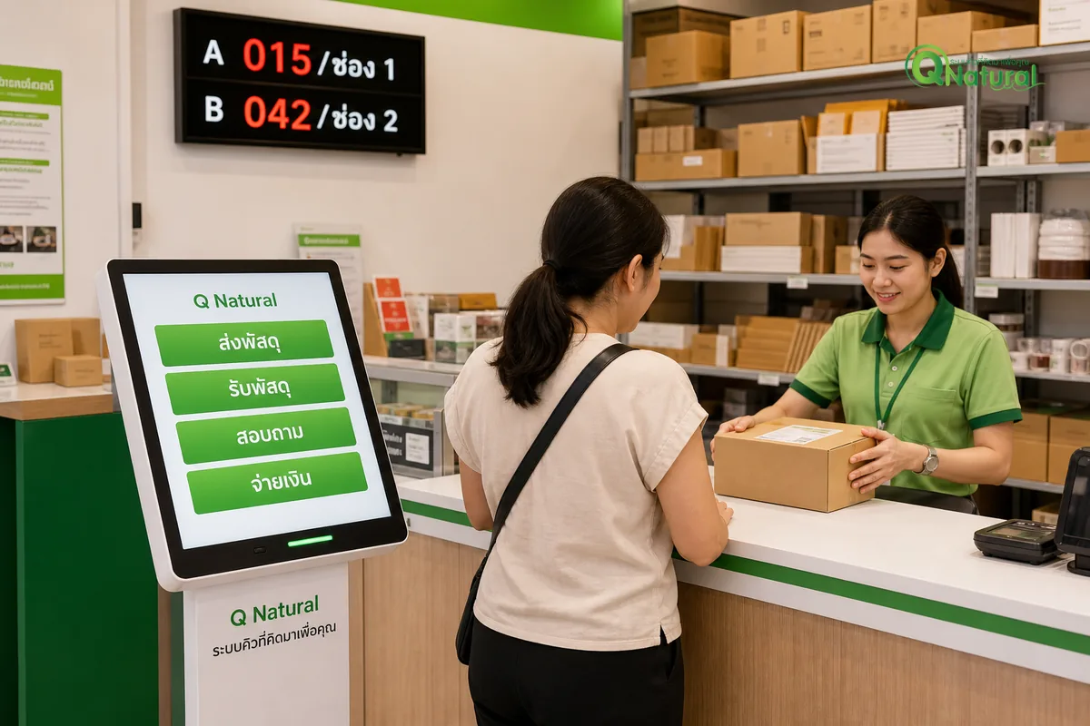 ระบบคิวที่ Kerry Express สาขาแหลมฉบัง ตู้กดบัตรคิวจอสัมผัส ลูกค้าและพนักงานที่เคาน์เตอร์ส่งพัสดุ