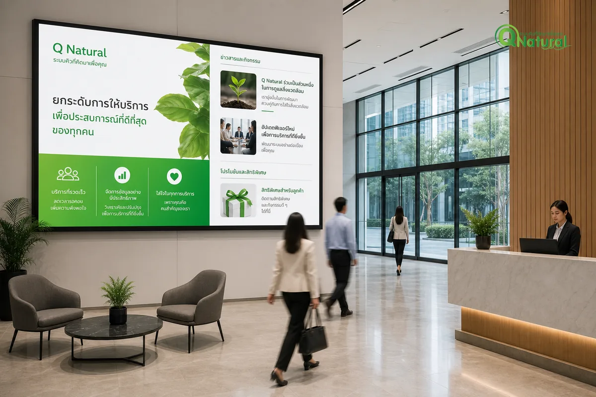 Digital Signage ในอาคารสำนักงานองค์กร หน้าจอขนาดใหญ่แสดง corporate content ในล็อบบี้