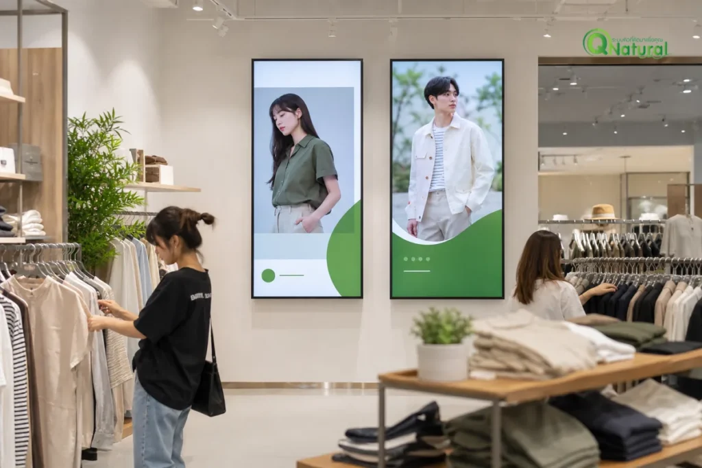 ป้ายโฆษณาดิจิทัล Digital Signage หลายจอในร้านค้าปลีก แสดงโปรโมชันและสินค้าเปลี่ยนเนื้อหาตามเวลา