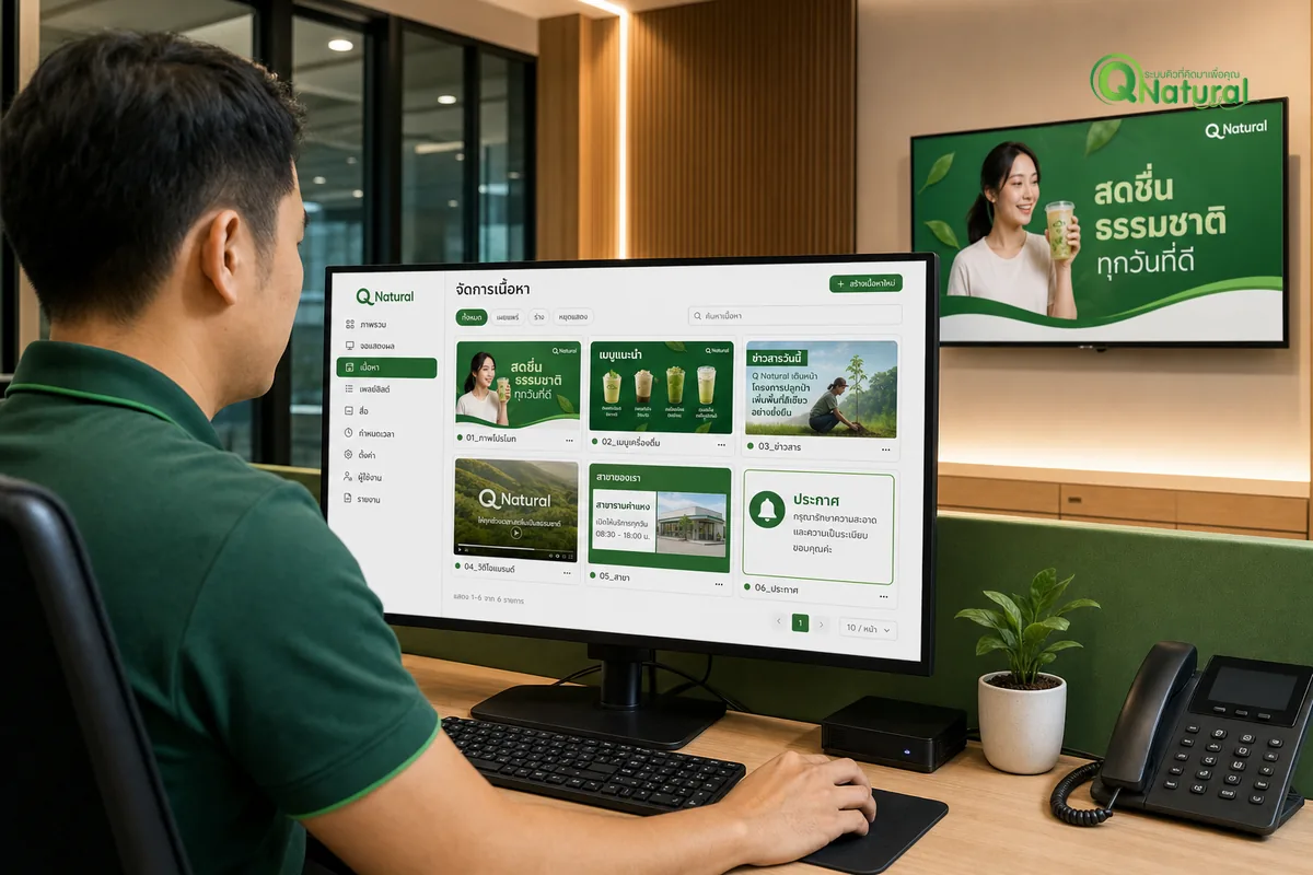 การทำงานของ Digital Signage แสดง dashboard คลาวด์ส่งเนื้อหาไปหลายจอในร้านค้า แสดง real-time content updates