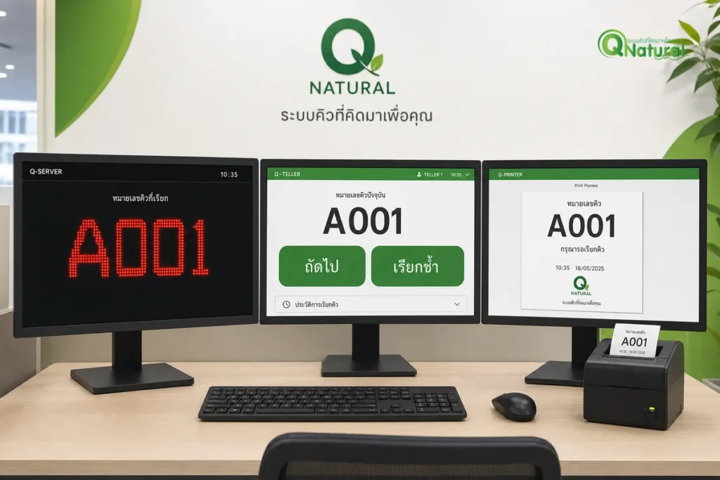 หน้าจอ Easy Queue program บนคอมพิวเตอร์แสดง 3 modules Q-SERVER Q-TELLER Q-PRINTER ทำงานร่วมกัน
