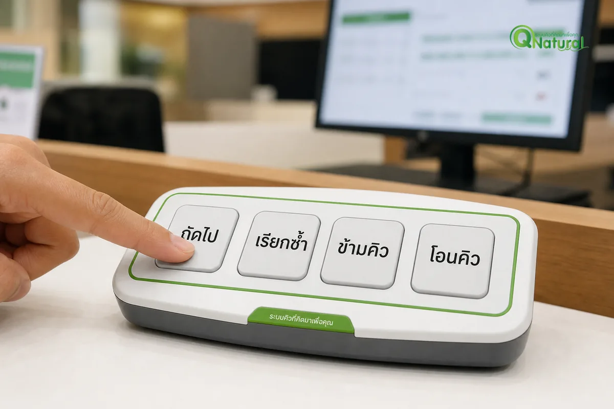 Keypad ปุ่มเรียกคิวที่ช่องบริการ 4 ปุ่มหลัก พนักงานกำลังใช้งาน