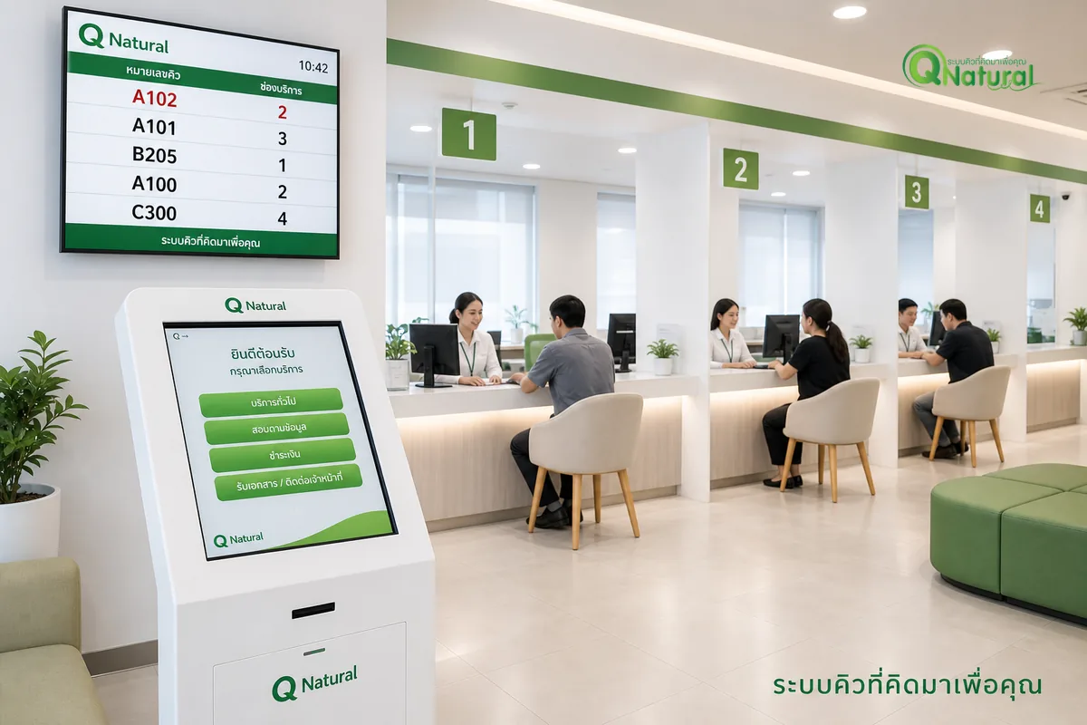 ภาพรวมระบบ Q Natural ในไซต์ลูกค้า แสดงทุกอุปกรณ์ทำงานร่วมกัน ตู้กดบัตรจอแสดงคิวเคาน์เตอร์