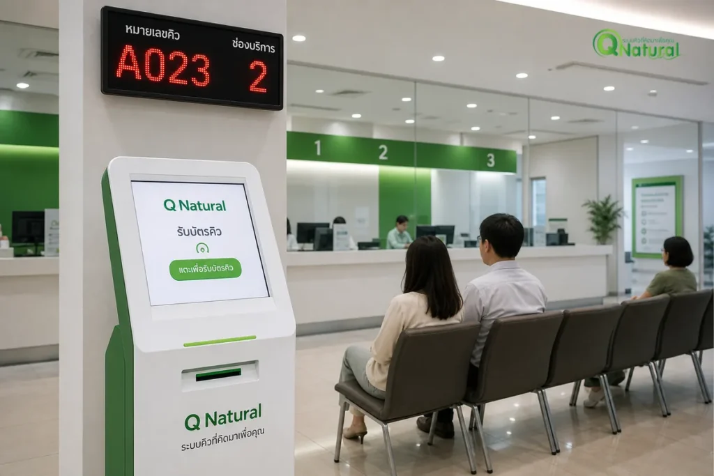 ตู้กดบัตรคิวและจอแสดงหมายเลขคิวในล็อบบี้ธนาคาร ผู้ใช้บริการนั่งรออย่างเป็นระเบียบ