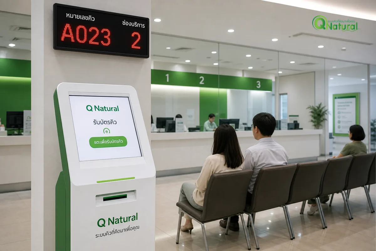 ตู้กดบัตรคิวและจอแสดงหมายเลขคิวในล็อบบี้ธนาคาร ผู้ใช้บริการนั่งรออย่างเป็นระเบียบ