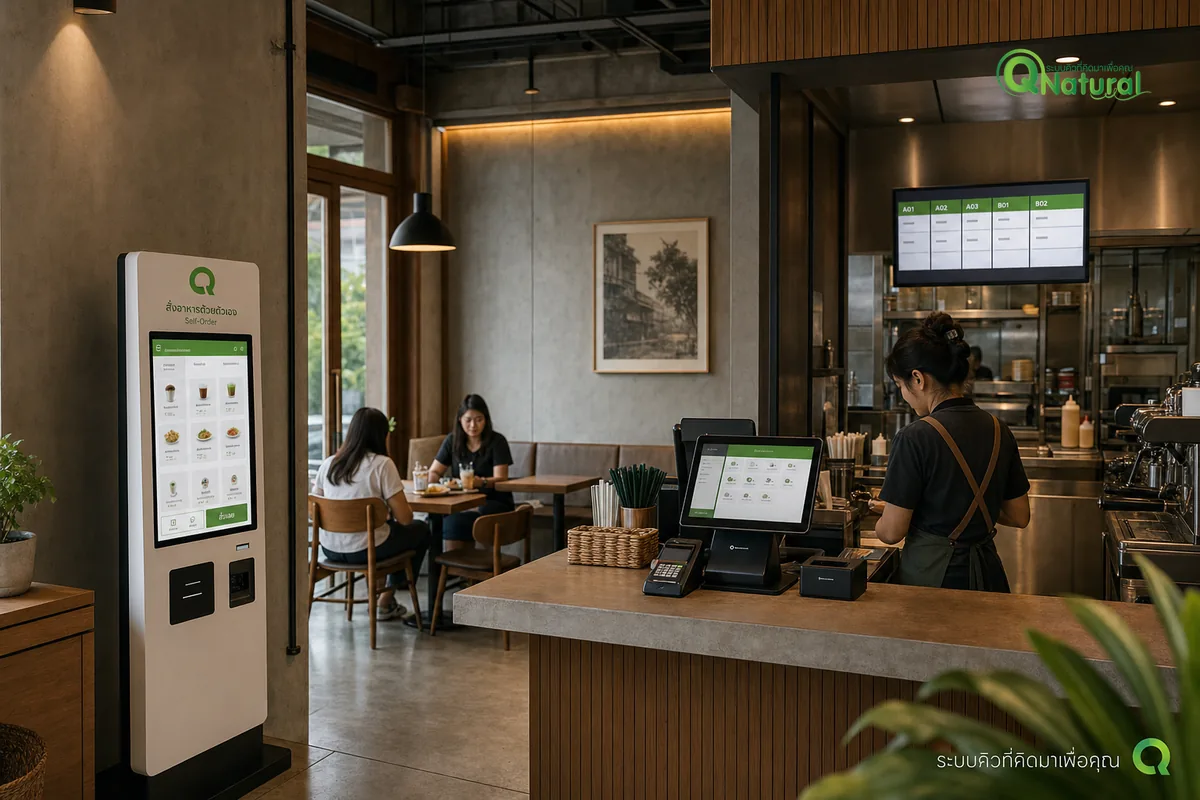 ร้านอาหารคาเฟ่สมัยใหม่ในไทยกับเทคโนโลยี POS, ตู้คีออส, KDS หน้าจอครัว และจอแสดงคิวที่ทำงานพร้อมกัน