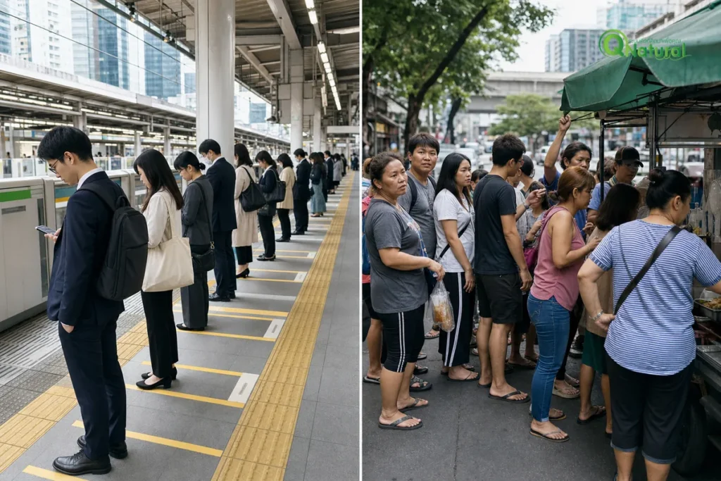 ภาพเปรียบเทียบวัฒนธรรมการเข้าคิวระหว่างคนญี่ปุ่นที่เข้าแถวเป็นระเบียบและคนไทยที่ยังขาดระเบียบในแถว