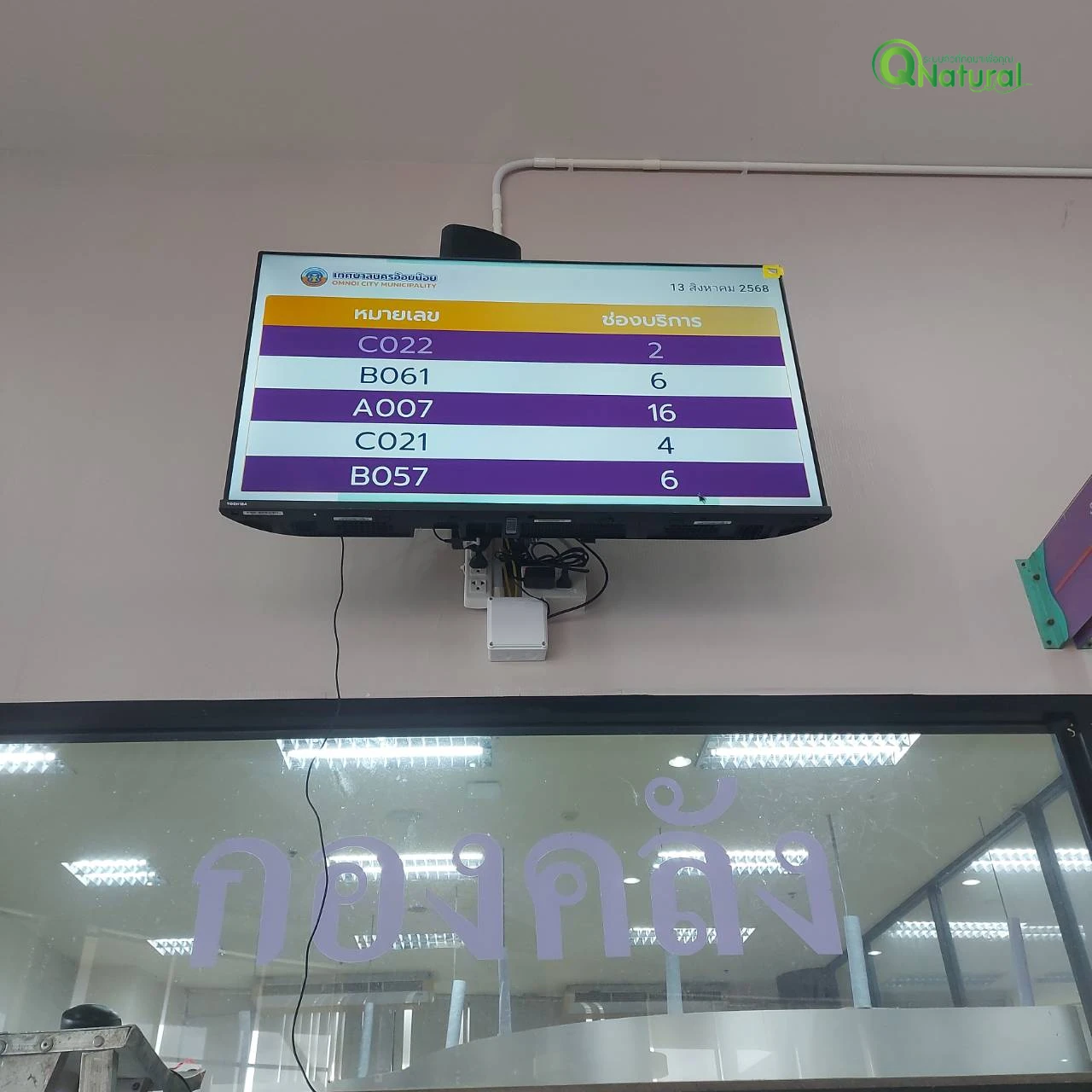 จอแสดงผลคิวติดเพดานเหนือกระจกกั้นช่องบริการที่เทศบาลนครอ้อมน้อย แสดงหมายเลขคิวและช่องบริการ