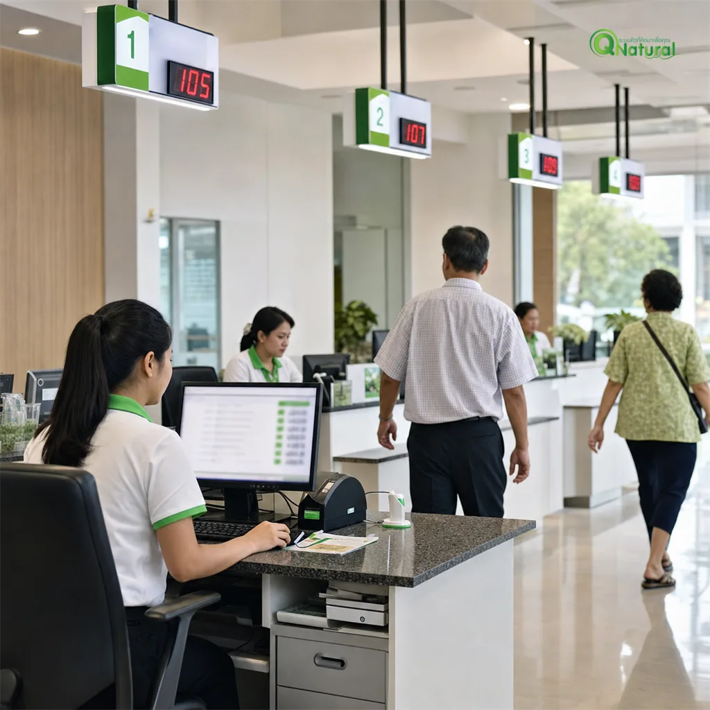 ศูนย์บริการประชาชนหลายช่องบริการ เจ้าหน้าที่ Q Natural เรียกคิวตามลำดับความสำคัญจากหน้าจอ Queue On Cloud