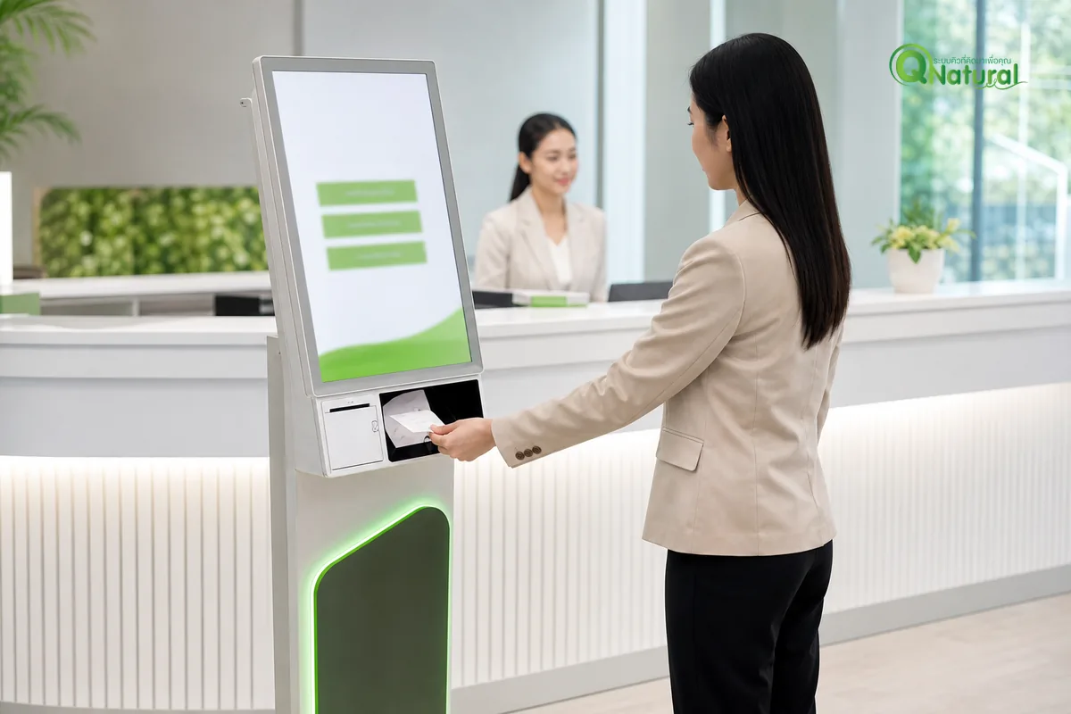 ผู้มาติดต่อกดรับบัตรคิวที่ตู้คีออสในสำนักงาน