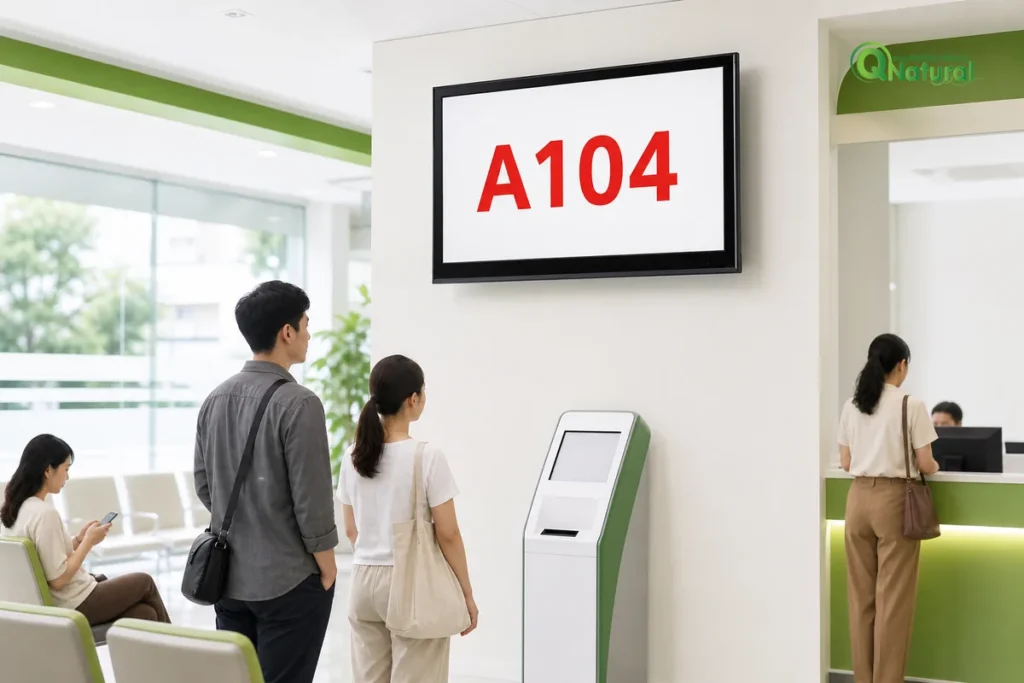 จอแสดงคิว Q Natural แสดงเลขคิว A104 ในล็อบบี้ พร้อมตู้กดบัตรคิว