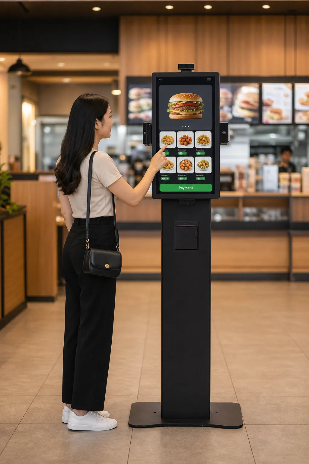 ตู้สั่งอาหารอัตโนมัติ Self-Ordering Kiosk แบบตั้งพื้น ลูกค้าแตะจอสั่งอาหารในร้าน จาก Q Natural