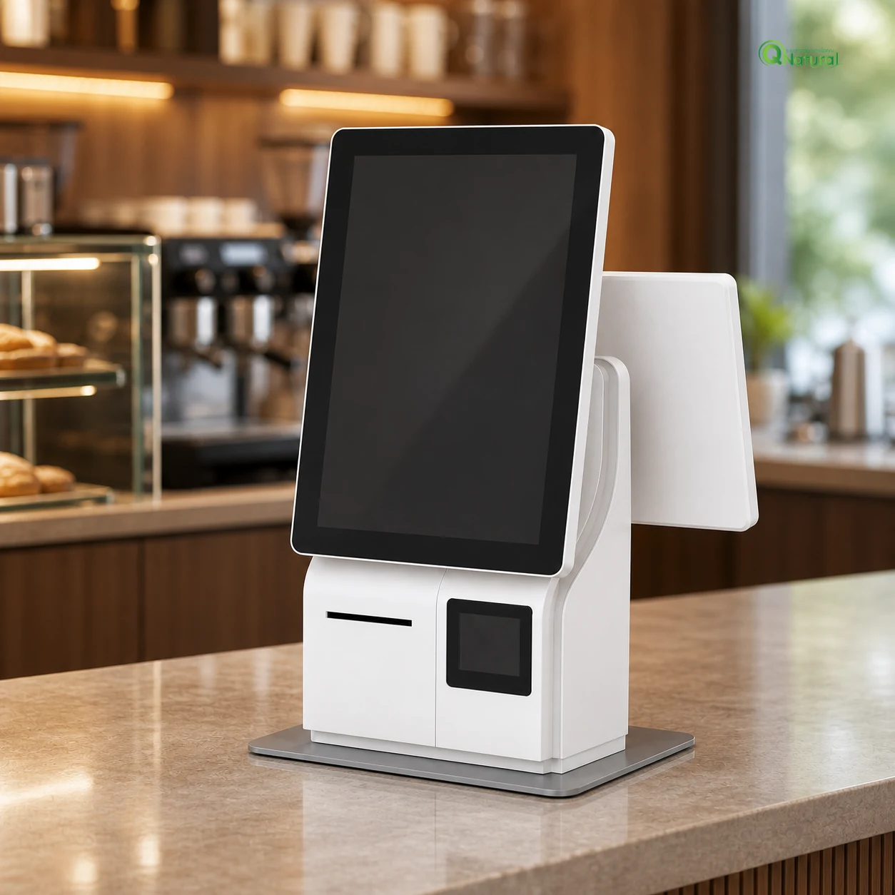 ตู้สั่งอาหารอัตโนมัติ 2 จอ 15.6 นิ้ว Dual-Screen POS จอลูกค้าแนวตั้งและจอพนักงานแนวนอน พร้อมเครื่องพิมพ์ใบเสร็จและสแกน QR