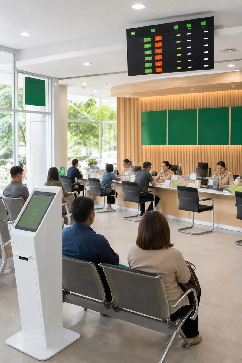 ระบบคิวในหน่วยงานราชการและสำนักงาน — จอแสดงเลขคิวเหนือเคาน์เตอร์บริการประชาชน