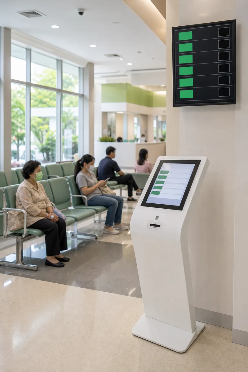 ระบบคิวในโรงพยาบาลและคลินิก — ตู้กดบัตรคิวและจอแสดงคิวในล็อบบี้ผู้ป่วยนอก ผู้ป่วยนั่งรอเป็นระเบียบ