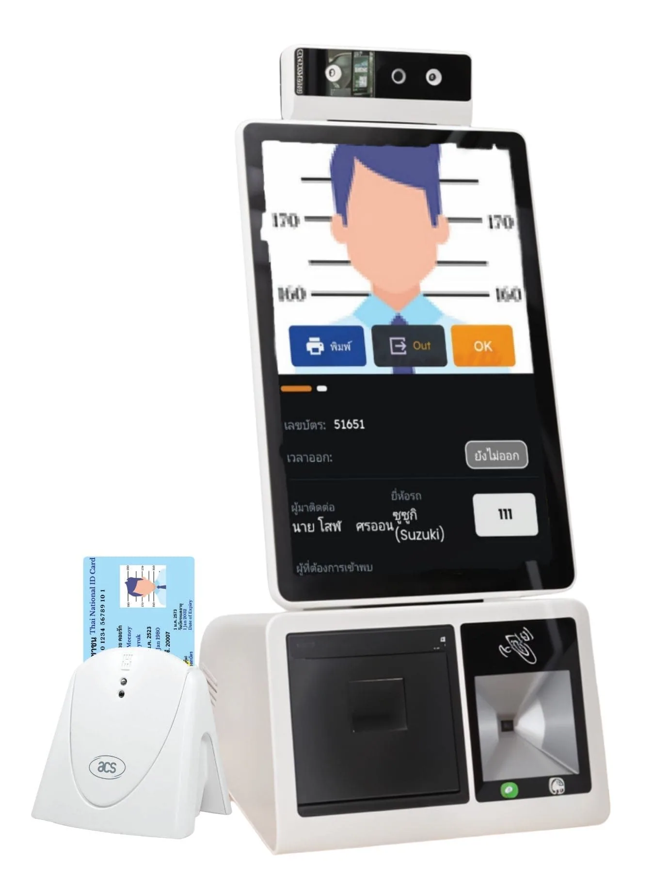 เครื่องอ่านบัตรประชาชน Smart Card แบบ USB สีขาว รุ่น RD-SMC01 วางตั้งมุมเฉียงพร้อมเสียบบัตรประชาชนไทยเพื่อใช้งาน