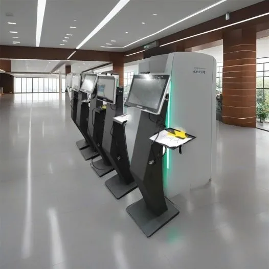 ตู้ Self Service Kiosk รุ่น KDS-018 สีขาวดีไซน์ทันสมัย แบบตั้งพื้นพร้อมหน้าจอสัมผัสขนาดใหญ่ มุมมองเฉียงด้านข้างบนพื้นหลังขาว