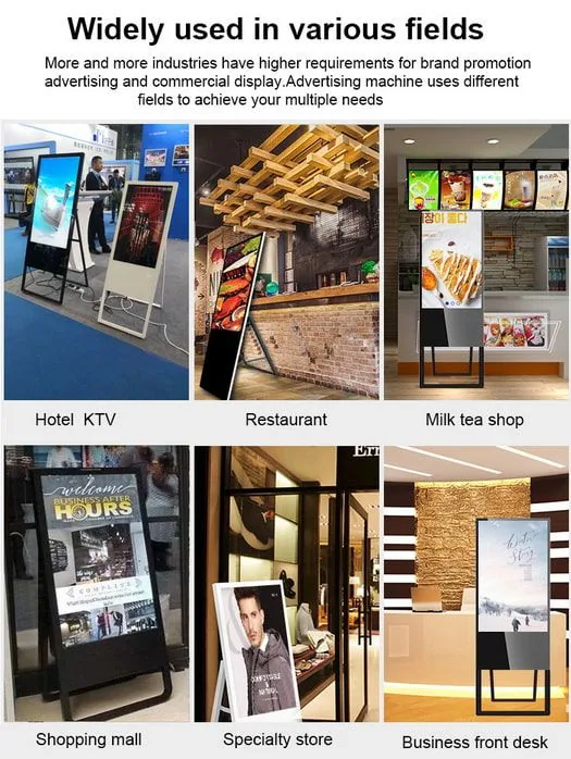 ป้าย Kiosk signage แบบ Poster type สีดำดีไซน์เพรียวบาง ตั้งบนขาตั้งโลหะมุมเฉียงสำหรับแสดงสื่อโฆษณาในอาคาร