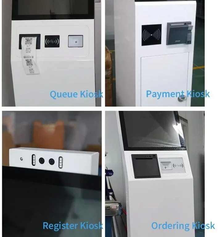ตู้ Self Service Kiosk สีขาวทรงสูง มุมมองด้านข้าง แสดงหน้าจอสัมผัสและช่องชำระเงินสำหรับสั่งอาหารอัตโนมัติ KDS-014