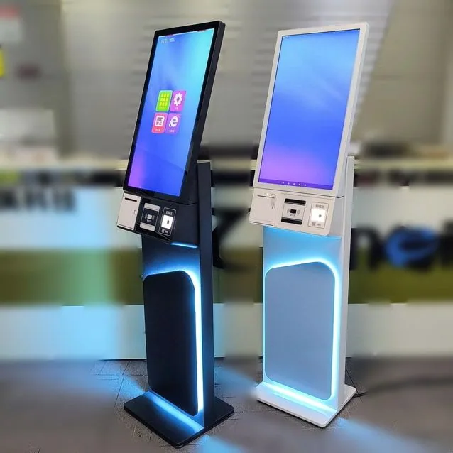 เครื่องคอมพิวเตอร์บริการตัวเอง Self Service Kiosk รุ่น KDS-017 หน้าจอสัมผัสแนวตั้งสีดำ ดีไซน์ทันสมัยแบบตั้งพื้นสำหรับใช้งานในอาคาร