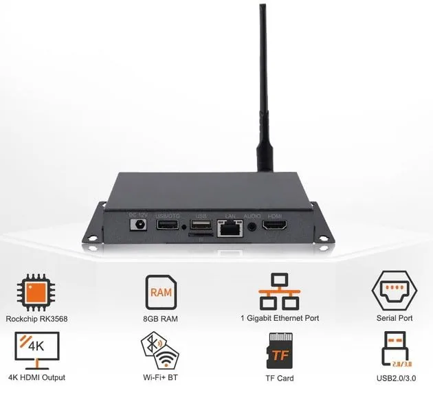 มุมมองด้านหลัง Android Industrial grade Box รุ่น KDS-020 สีดำ แสดงพอร์ตเชื่อมต่อ USB LAN และ HDMI สำหรับงานอุตสาหกรรม
