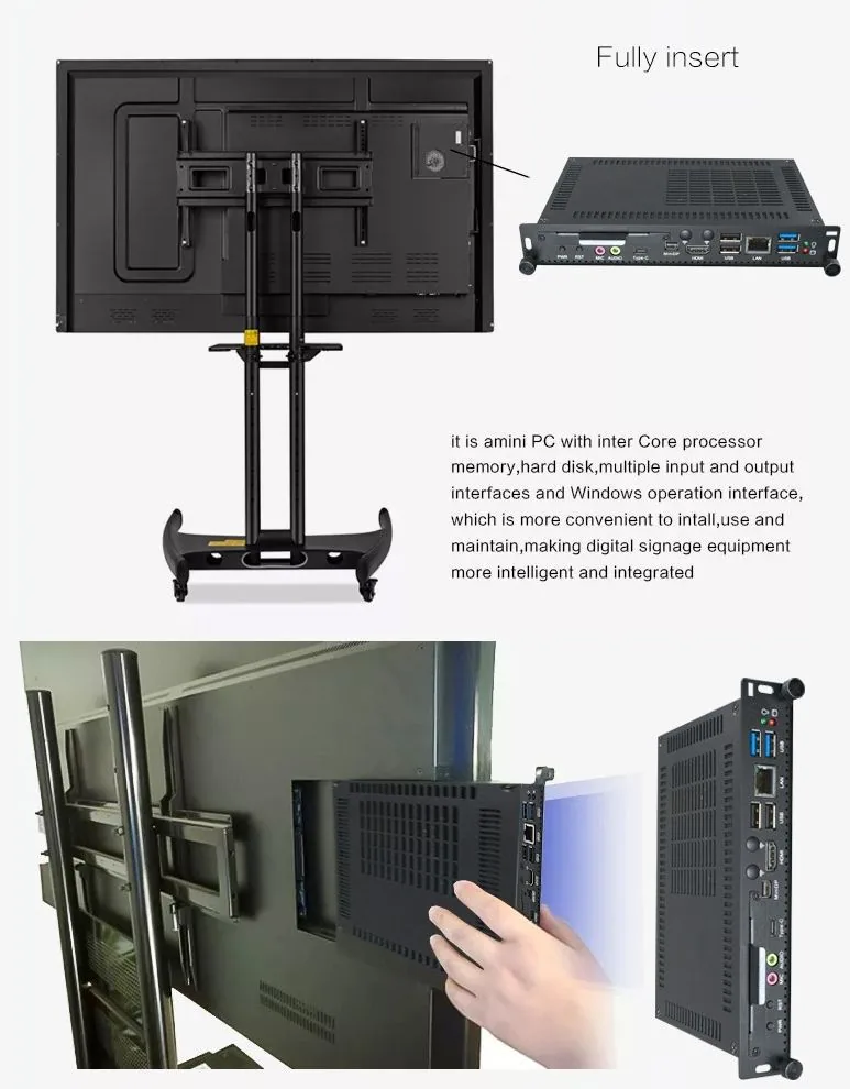 มุมมองด้านหลังเครื่องคอมพิวเตอร์ OPS สำหรับ Smart Whiteboard สีดำ แสดงพอร์ตเชื่อมต่อ VGA HDMI และ USB สำหรับติดตั้งใช้งาน
