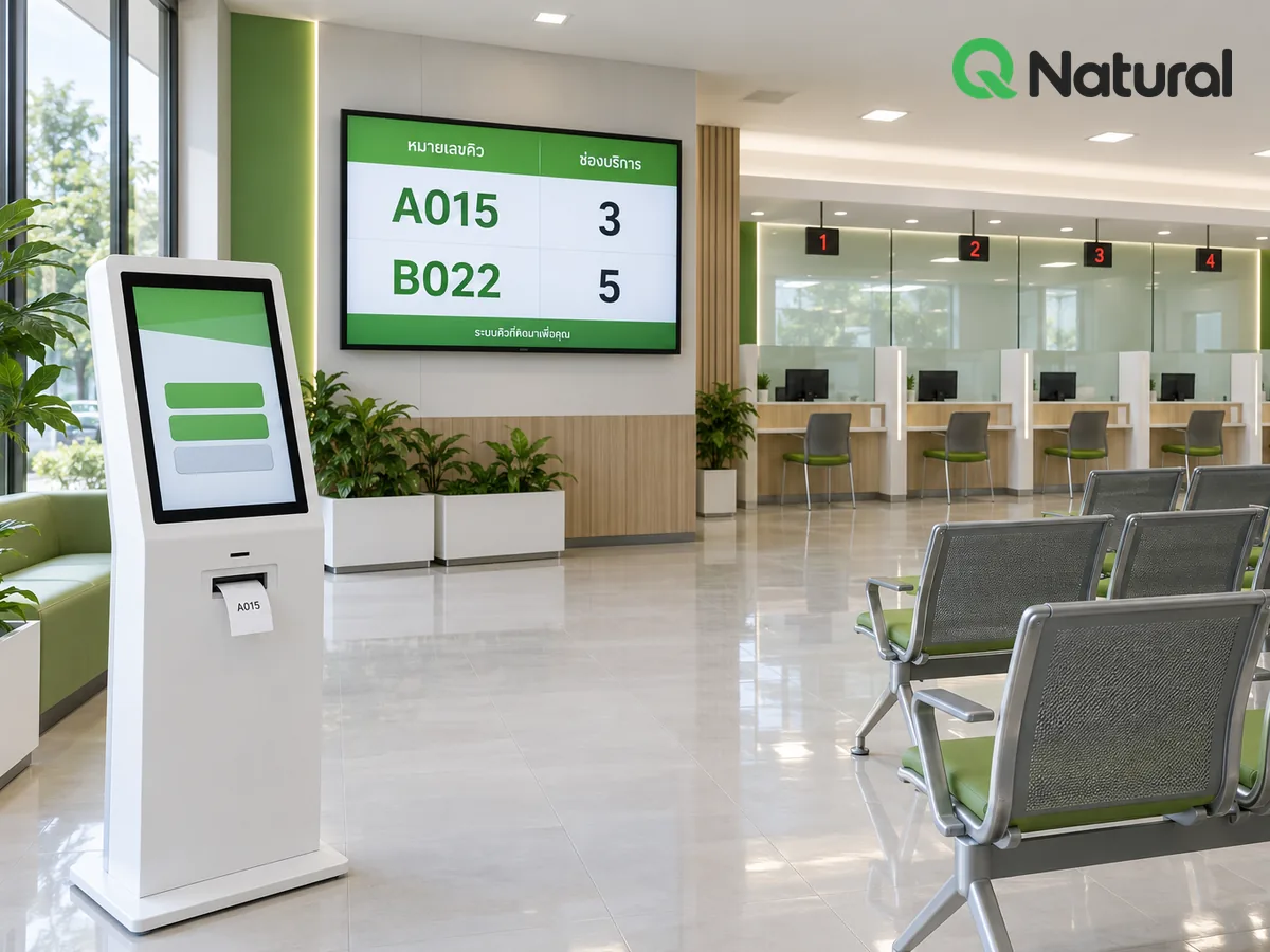 ตู้กดบัตรคิวและจอแสดงผลคิว Q Natural ติดตั้งในศูนย์บริการ พร้อมป้ายเลขช่องบริการ